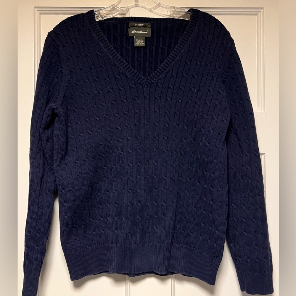 Eddie Bauer Navy Cable Knit V-Neck Sweater Size Large